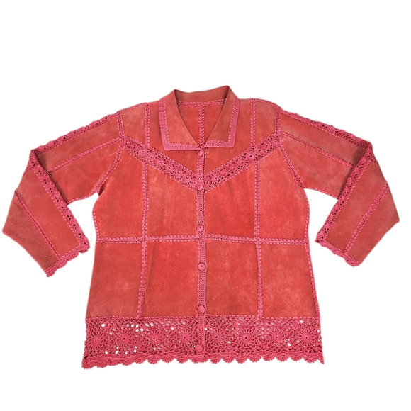 Vintage Suede Crochet Patchwork Jacket XL Boho Western Pink Coral Button Front - Picture 2 of 16